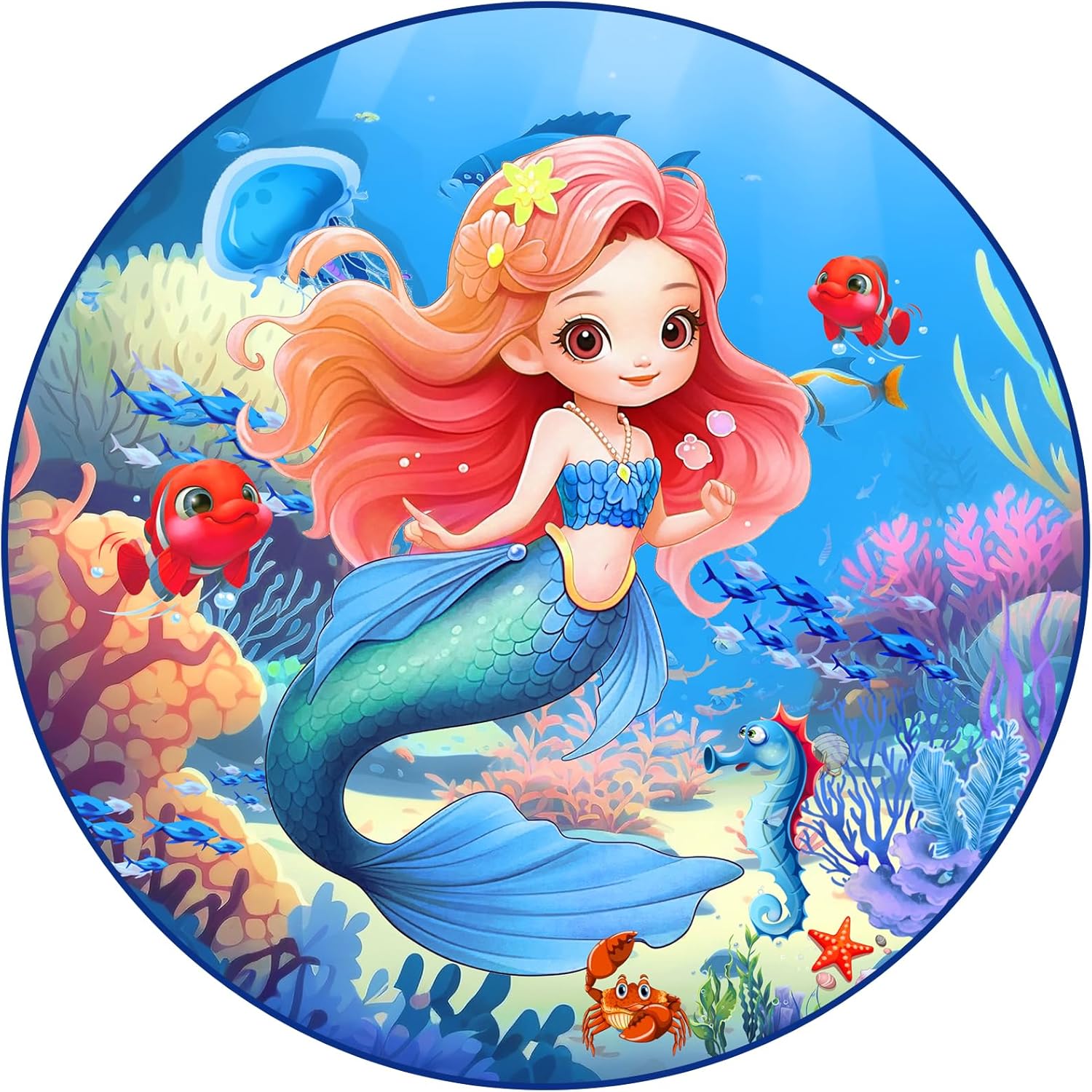 Home Bathroom Scene - Mermaid Underwater Scene Round Rug Vibrant
