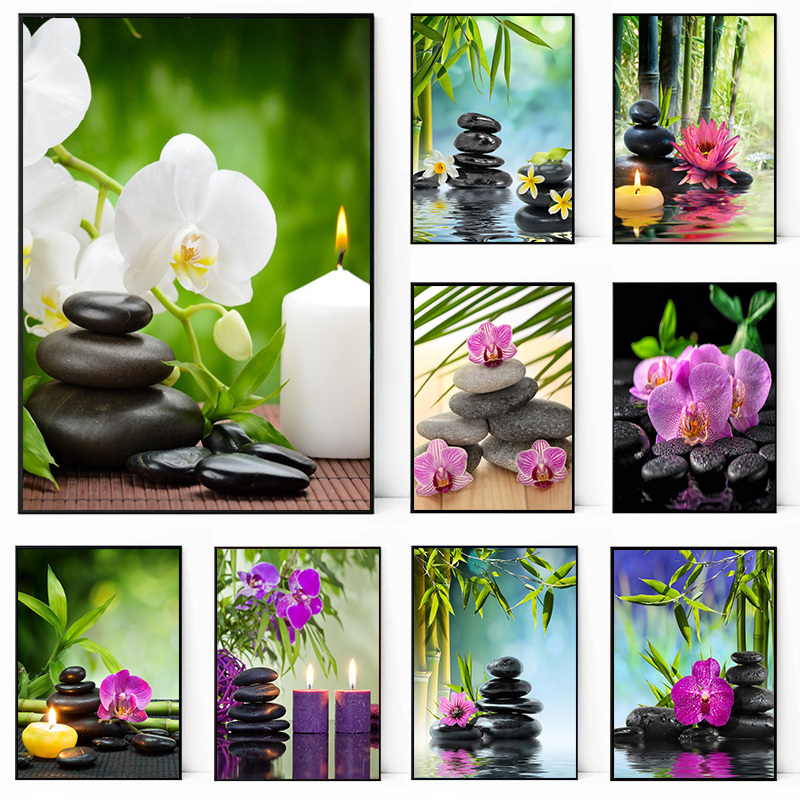 Home Bathroom Scene - FramelessGreen Bamboo Zen Stone Canvas Painting
