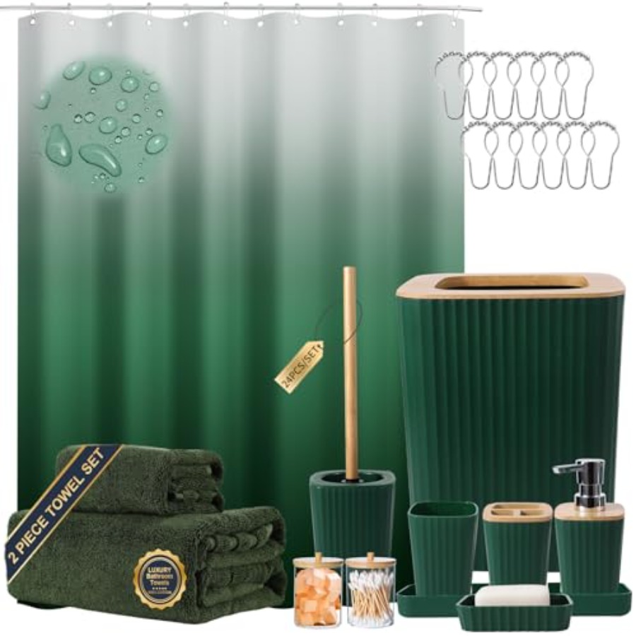 Home Bathroom Towel Dispenser - Accessories, 24PCS Accessory with Shower Curtain,