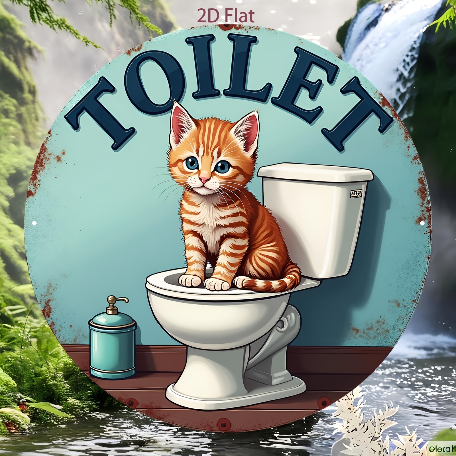 Home Bathroom Scene - Aluminum Sign, Cute Cat Toilet Decorative